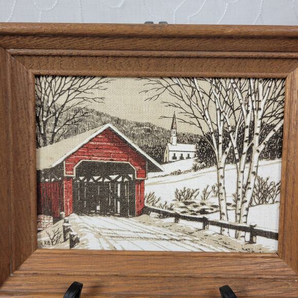Vintage Linen Needlepoint Framed Covered Bridge And Farm House Winter Scene - Picture 12 of 14